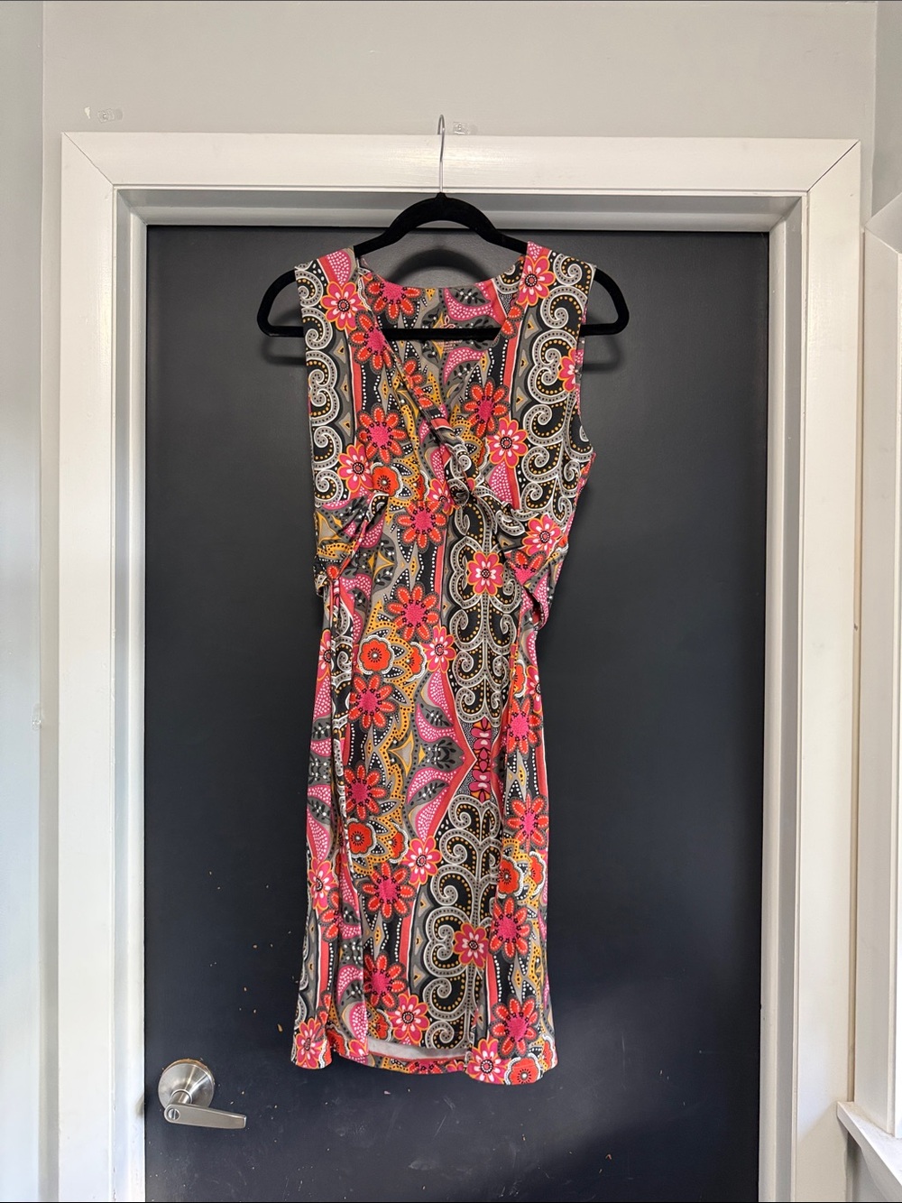 Prana Black and Pink Paisley Floral Twist-Front Mini Dress